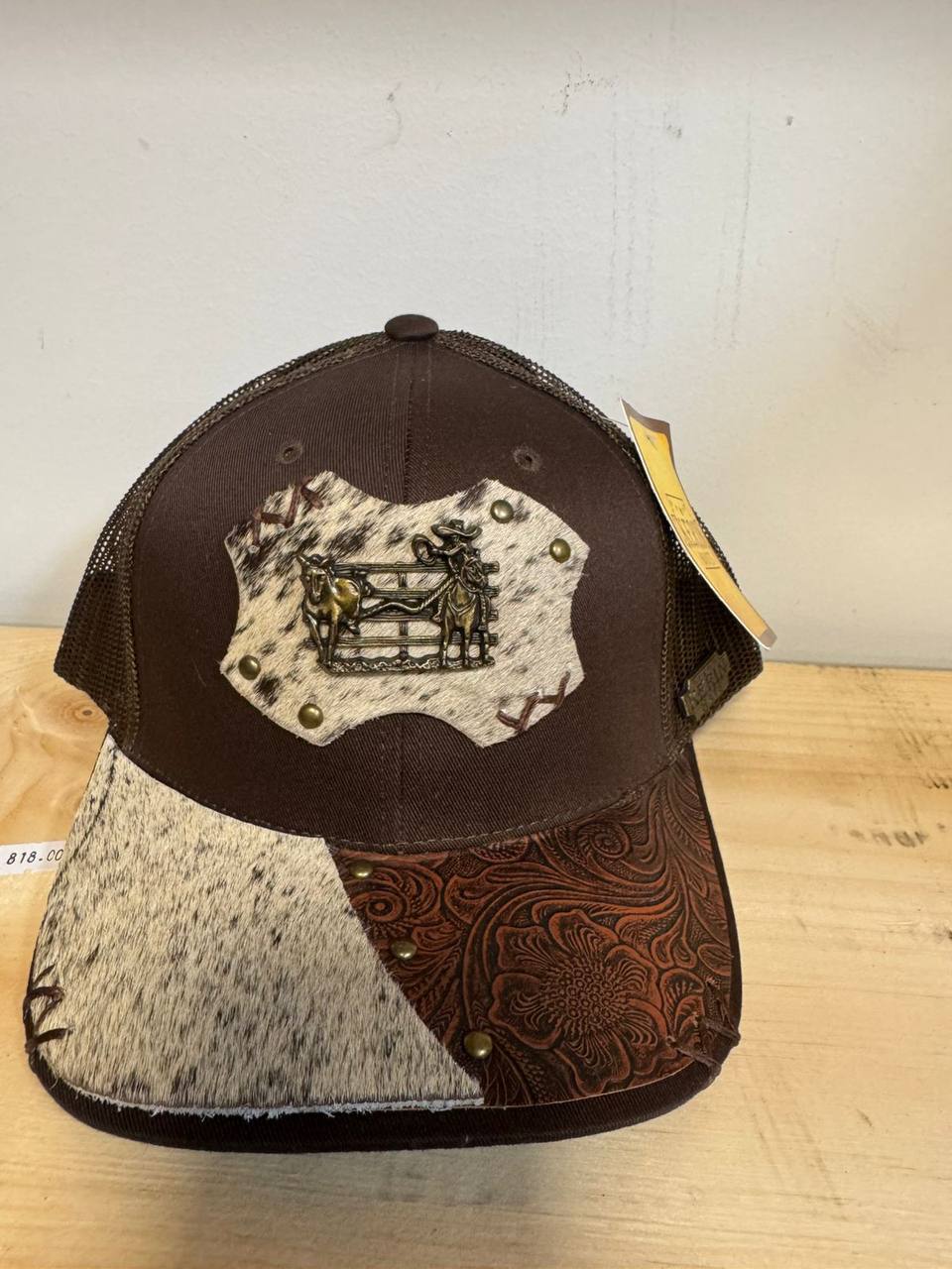 Western Leather & Hair-on Hide Cap with Horse Buckle