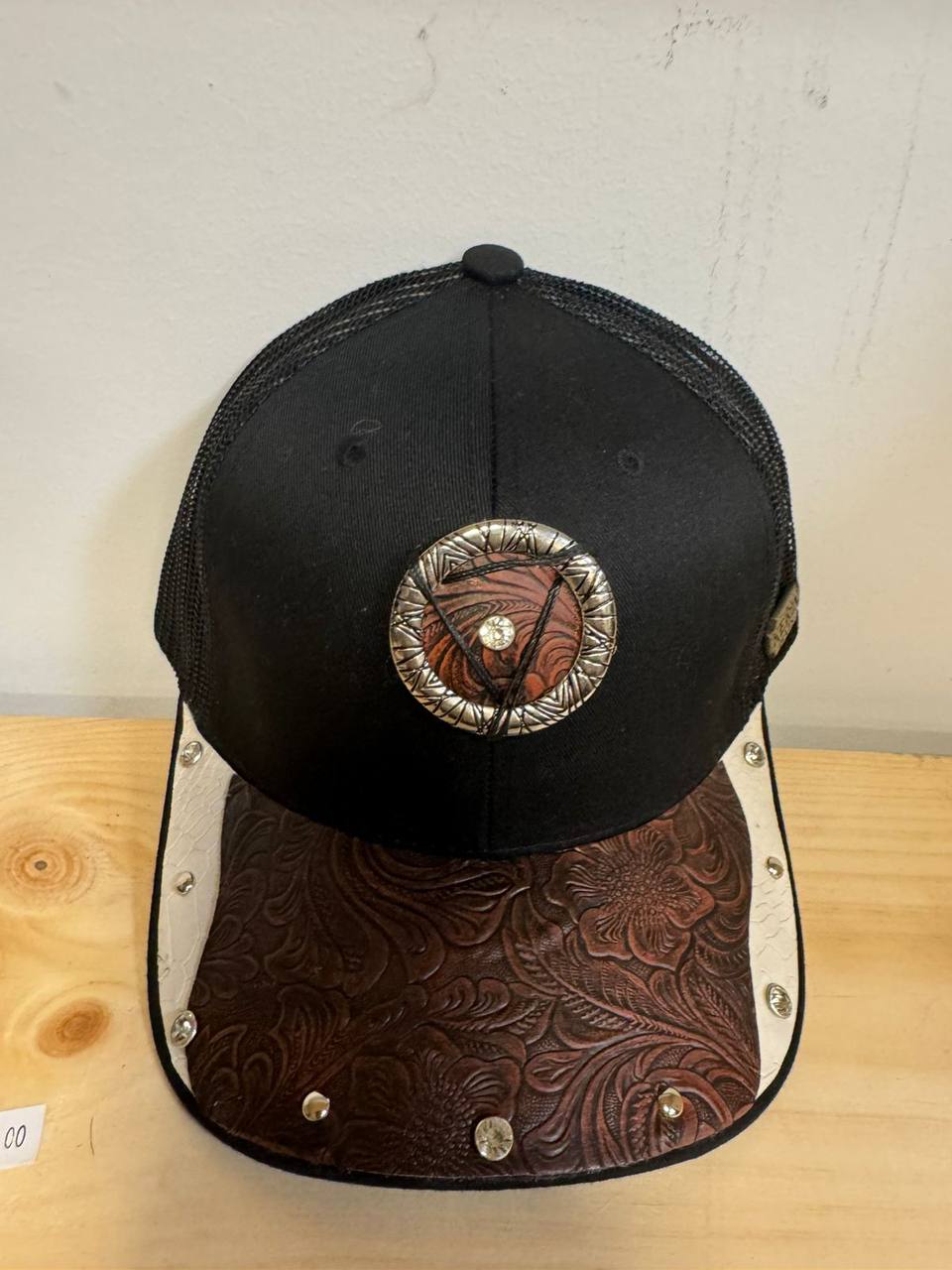 Black Western Cap with Tooled Leather Brim