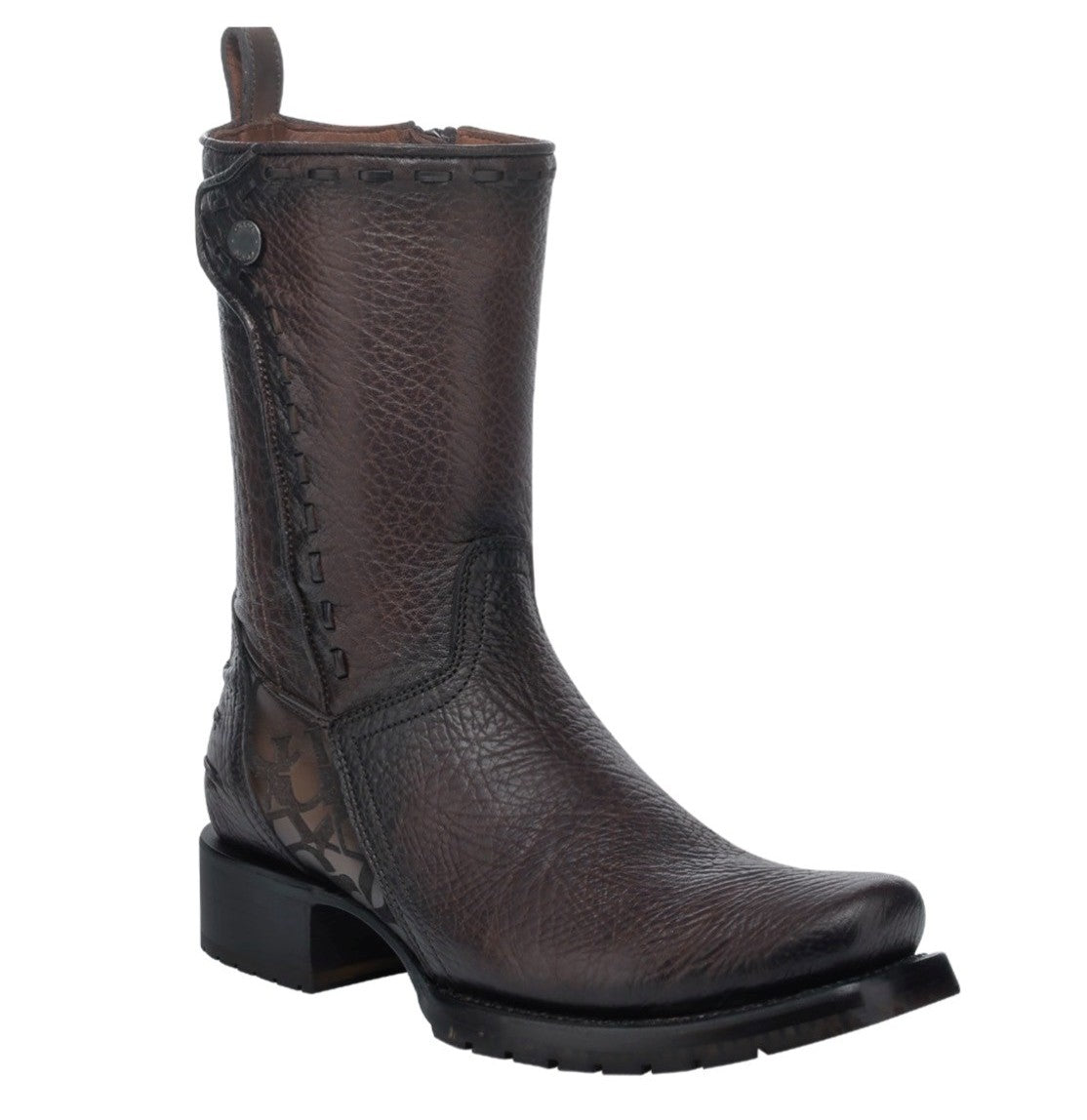 CU939 - MN Chocolate Laser & Woven & Zipper Narrow Square Toe