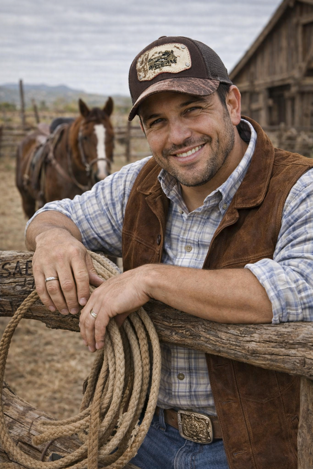 Western Leather & Hair-on Hide Cap with Horse Buckle