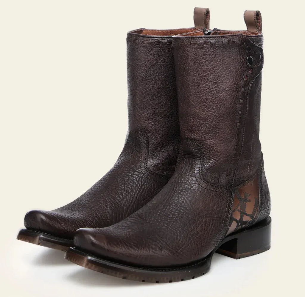 CU939 - MN Chocolate Laser & Woven & Zipper Narrow Square Toe